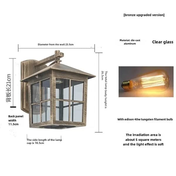 Europeisk stil utomhusvägglampa, retro aluminiumdesign, vattentålig IP54,E