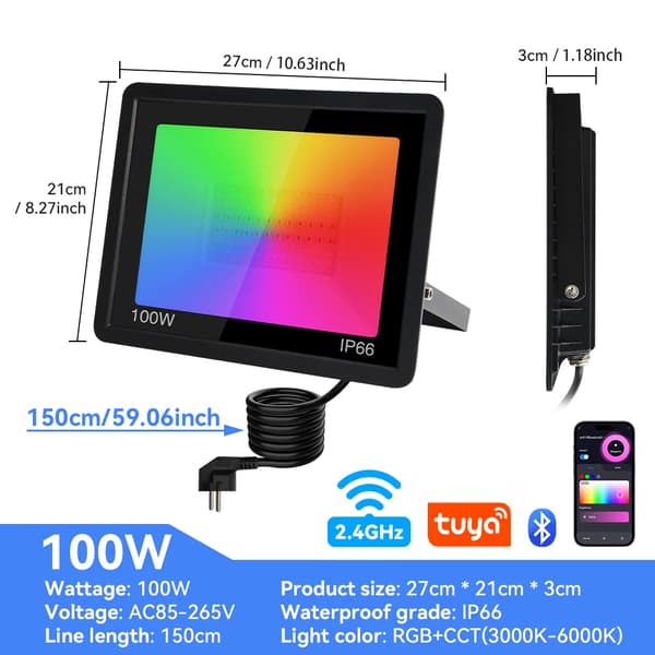 LED RGB Flomlys, IP66 Vandtæt Rating, Tuya App Kontrol,EU stik, 100W