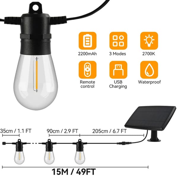 Aurinkokäyttöiset LED-valosarjat, kaukosäädin, vedenkestävä muotoilu,15M 15Lamppua
