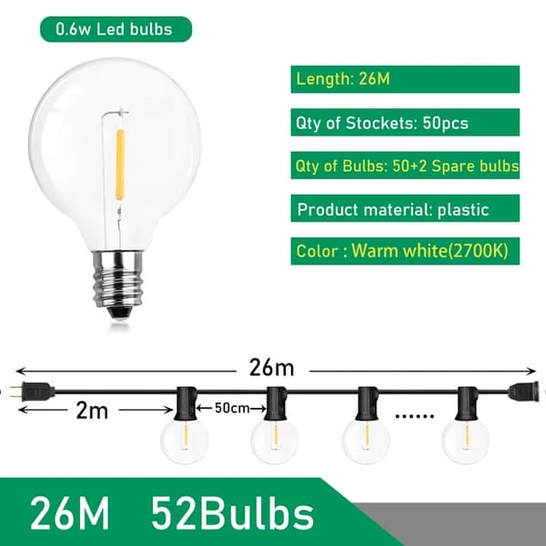 LED Globe -valosarja, Festoon-suunnittelu, ulkokoristelu, 26M, EU-liitin