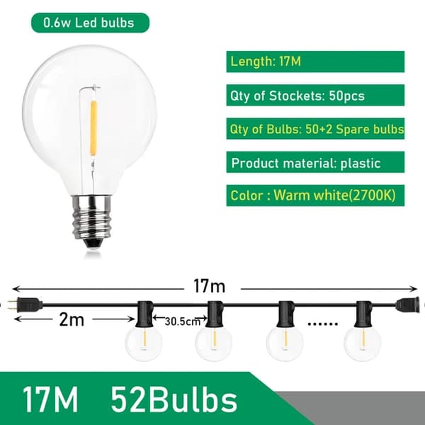 LED Globe String Light, Festoon Design, Utomhusdekoration, 17M, EU-kontakt