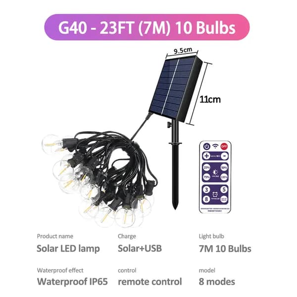 Aurinkostring-valot, festoon-patiolamput, juhla- ja lomakoristeet puutarhaan, G40 7M 10 lamppua