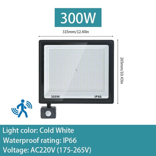 LED Tulvalaistus, IP66 Vesitiivis Luokitus, AC220V Jännite, Säädettävä Liiketunnistin,Kylmä Valkoinen, 300W