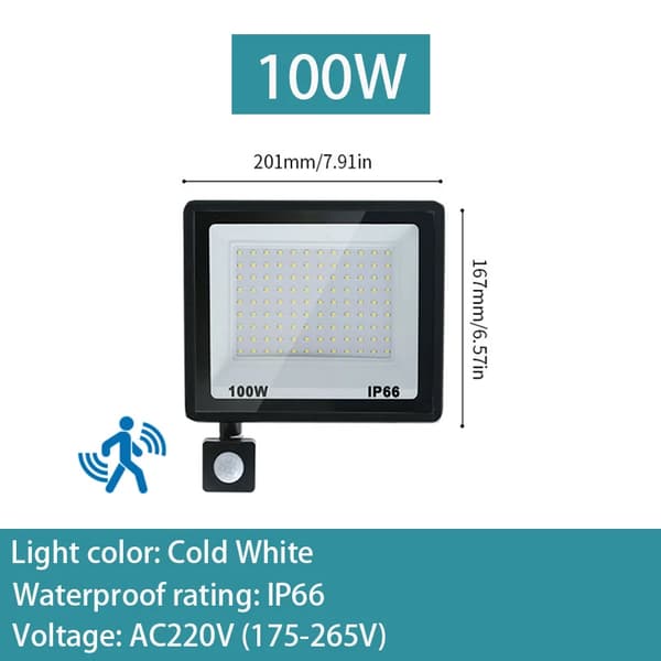 LED Tulvalaistus, IP66 Vesitiivis Luokitus, AC220V Jännite, Säädettävä Liiketunnistin,Kylmä Valkoinen, 100W
