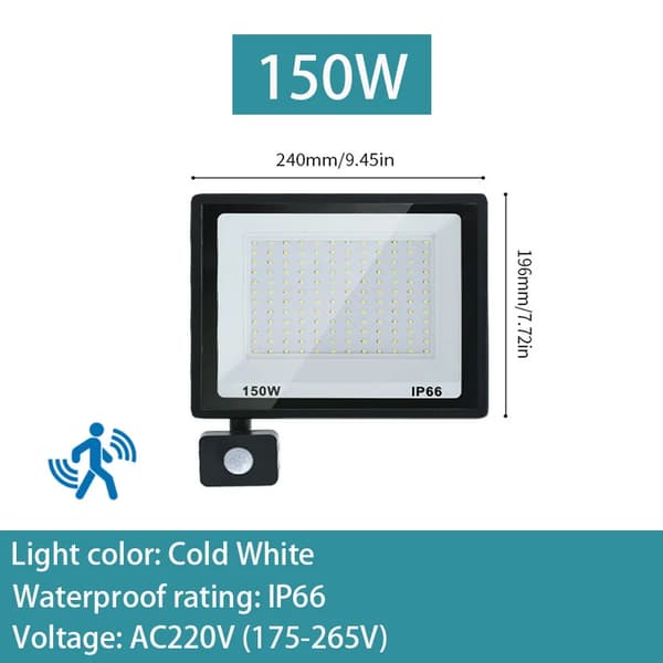 LED Tulvalaistus, IP66 Vesitiivis Luokitus, AC220V Jännite, Säädettävä Liiketunnistin,Kylmä Valkoinen, 150W