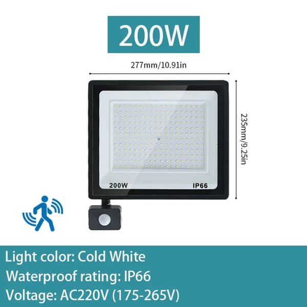 LED Flodljus, IP66 Vattentålig, AC220V Spänning, Justerbar Rörelsesensor,200W, Kall Vit