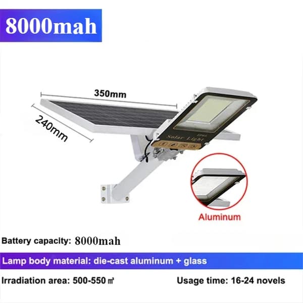 Solcelle gadelampe, 300W effekt, fjernbetjening,8000mah