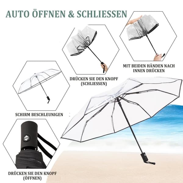 Lollanda automatisk foldbar gennemsigtig paraply, 9 glasfiberlameller, vandtæt, let, ergonomisk til rejser og regn