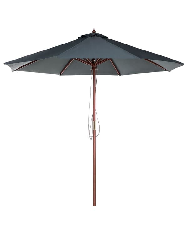 Trädgårdsparasoll Grå Tyg ø 270 x 237H cm Björkträ Stång Vikbar Utomhus Modern