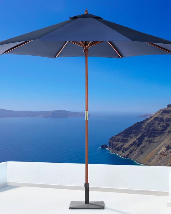 Trädgårdsparasoll Marinblå Tyg ø 270 x 237H cm Björkträ Stång Vikbar Utomhus Modern