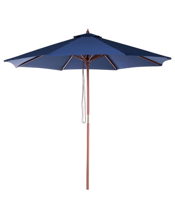 Trädgårdsparasoll Marinblå Tyg ø 270 x 237H cm Björkträ Stång Vikbar Utomhus Modern