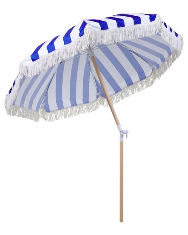 Trädgårdsparasoll Blått och Vitt Tyg Bokträpåle 150 cm Rund Retro Trädgård Utomhus Lutande UV-beständig