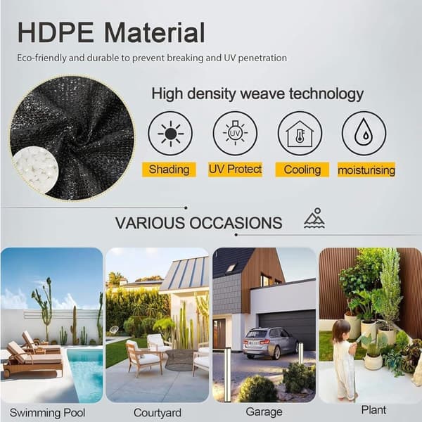 Solsegel / Segelduk Solskyddsnät, HDPE-material, 85-90% UV-skydd, svart