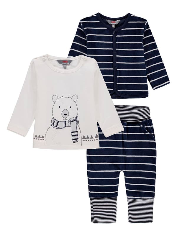Babyset, långärmad blus, tröja, mjukisbyxor, vit och marinblå