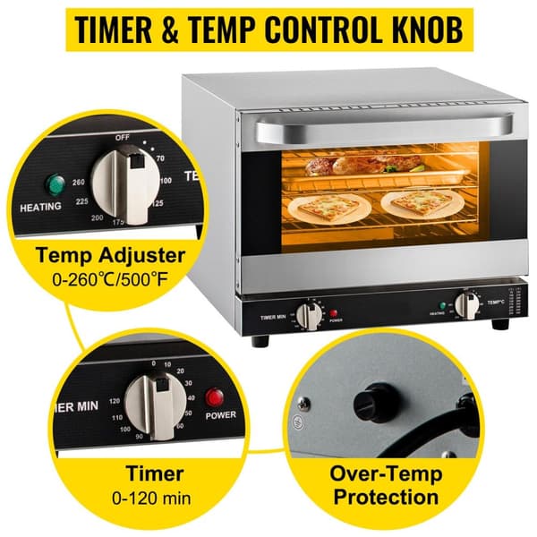 66L 1800W kommersiell varmluftsugn med 4 hyllor och matbricka, stort utrymme, 360° varmluftscirkulation, justerbar temperatur/tid