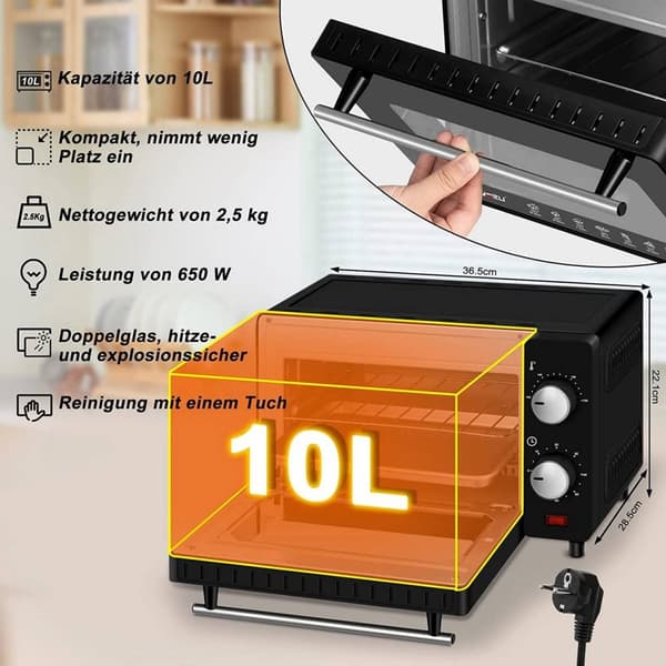 Rootz Compact 10L miniuuni - Pöytäuuni - Kannettava uuni - Tilatehokas, Edistynyt lämpötilan säätö, Monitoiminen ruoanlaitto - 36,5 cm x 22,1 cm x 28,