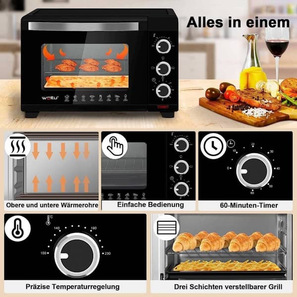 Rootz Miniovn - Kompakt køkkenapparat - El-komfur - Effektiv dobbeltopvarmning - Multifunktionel madlavning - Nem betjening - 453 mm x 298 mm x 333 mm