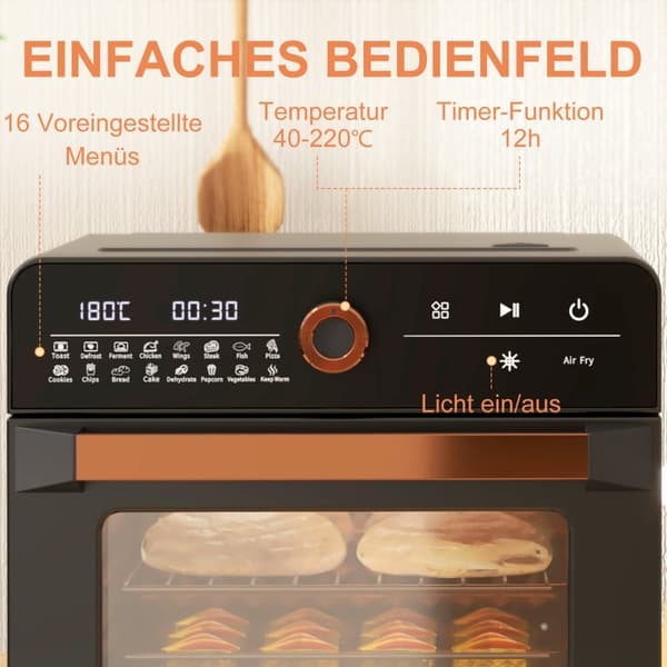 Rootz Mini Oven Air Fryer - Retro leivänpaahdin - Monitoimiliesi - 17 esiasetusta - 20L Tilavuus - 40-220°C - 36cm x 37cm x 34,5cm