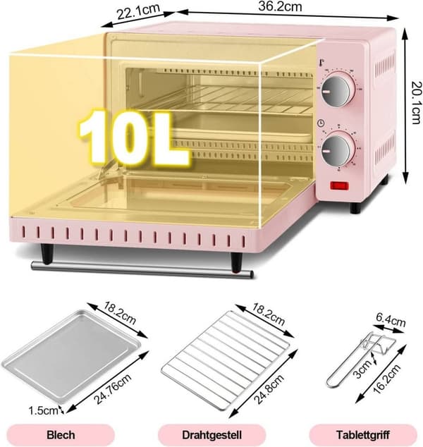 Rootz 10L miniugn - Kompakt elektrisk ugn - Energieffektiv spis - Perfekt för 1-2 personer - 36,5x22,1x28,5 cm - Rosa/Röd & Svart/Vit - 650W