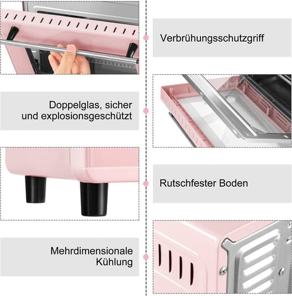 Rootz 10L miniugn - Kompakt elektrisk ugn - Energieffektiv spis - Perfekt för 1-2 personer - 36,5x22,1x28,5 cm - Rosa/Röd & Svart/Vit - 650W