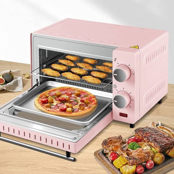 Rootz 10L miniugn - Kompakt elektrisk ugn - Energieffektiv spis - Perfekt för 1-2 personer - 36,5x22,1x28,5 cm - Rosa/Röd & Svart/Vit - 650W