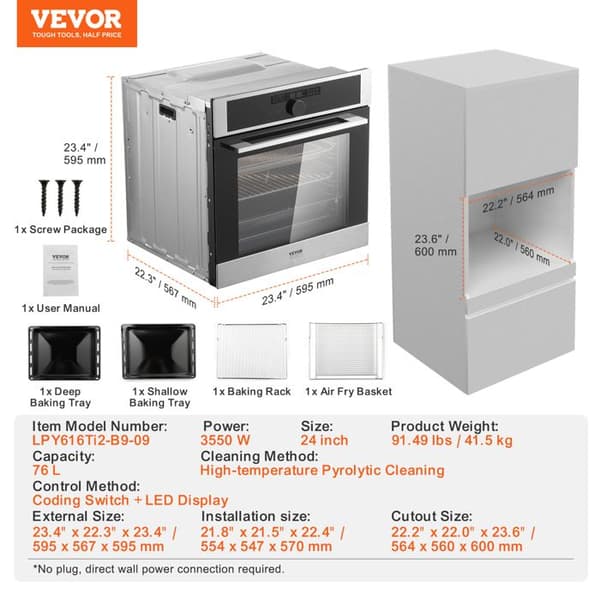 76 L Inbyggnadsugn-VEVOR-Enkel väggugn 59,5 cm-Elektrisk 3550 W-med grill och kokbricka, kök