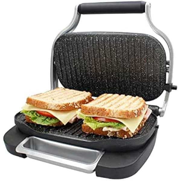 TM Electron TMPGR003GRY Snabbvärmande elektrisk grill, 5-lagers non-stick beläggning, höjd- och djupkontroll