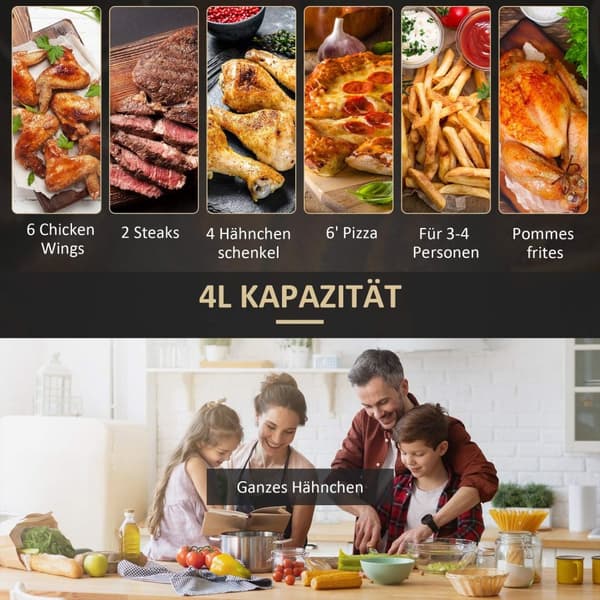 Rootz Hot Air Fryer 4L - Airfryer - Deep Fryer - Terveellisempi ruoanlaitto - 34,2 cm x 25,6 cm x 31,8 cm - 12 ohjelmaa - 80-200 ° C - Stick - Musta