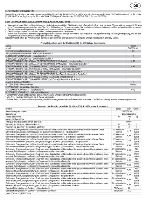Kaiser inbyggnadsugn EH 6326 W, elektrisk ugn, självgående, 79L, självrengörande, spidställd.