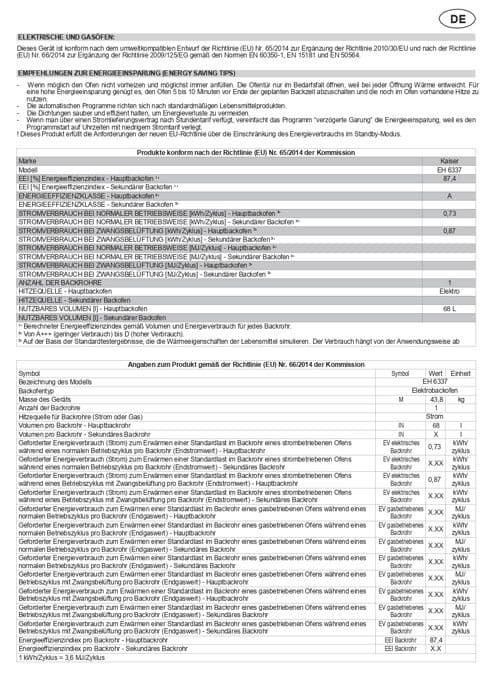 Kaiser Inbyggnadsugn "EH 6367..", Elektrisk ugn, Autarkisk, 79L, Självrengöring, Rotisserie