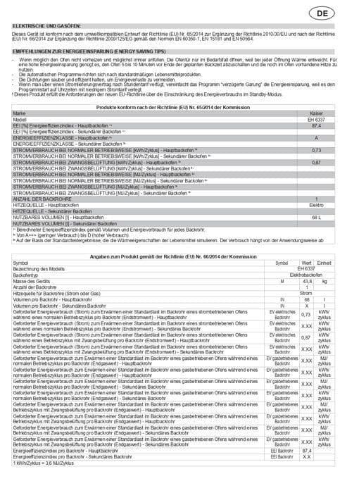 Kaiser Inbyggnadsugn "EH 6367..", Elektrisk ugn, Autarkisk, 79L, Självrengöring, Rotisserie