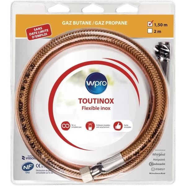 WPRO TBE150 gasslang - Flexibel PVC-mantel i rostfritt stål - 1,5m