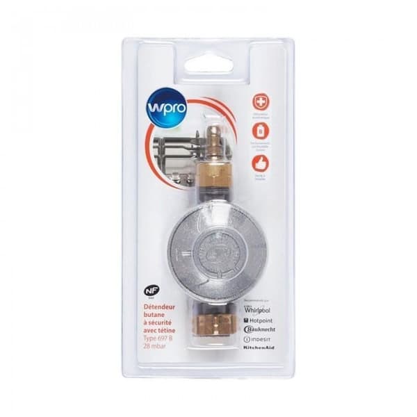 Säkerhetsregulator för butangas med nippel - WHIRLPOOL - Typ 697B - Flödeshastighet 1,3 Kg/h - Tryck 28mbar