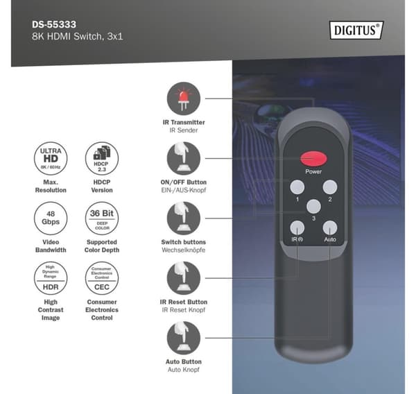 Digitus, 8K HDMI Switch, 3x1, DS-55333