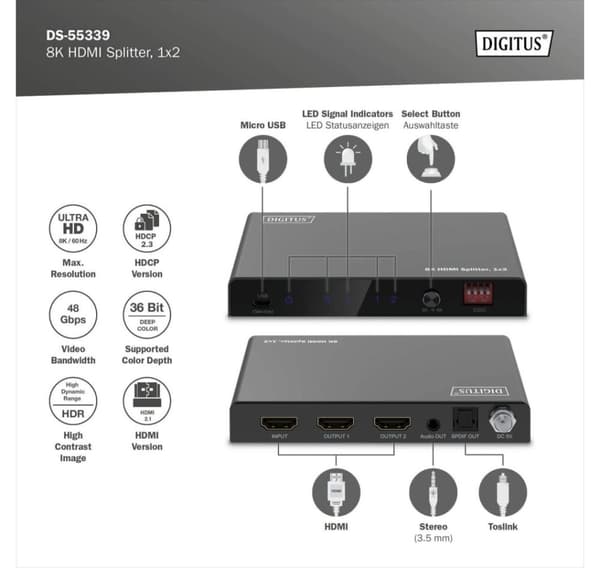 Digitus, 8K HDMI Splitter, 1x2, DS-55339