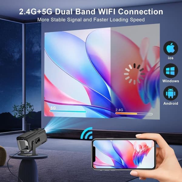 OBOSOE 1080P kannettava 4K-projektori – Wi-Fi 6 (2.4G/5G), BT5.0, Android 11, 180° käännettävä