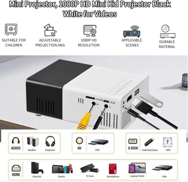 Lollanda Mini projektor - Full HD 1080p, bärbar, låg ljudnivå, upp till 60" bild, kompatibel med flera enheter, för Hemma & Utomhus