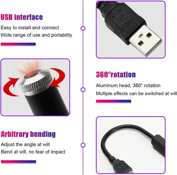 Lollanda USB stjärnljus för bil – justerbar LED stjärnprojektor, romantisk nattlampa för bilens innertak, sovrum och fest