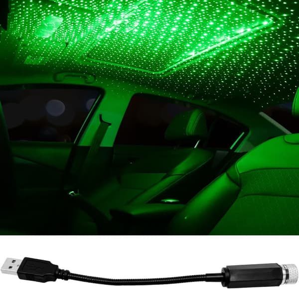 Lollanda USB stjärnljus för bil – justerbar LED stjärnprojektor, romantisk nattlampa för bilens innertak, sovrum och fest Grön
