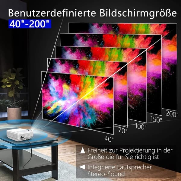 Lollanda 1080P Full HD WiFi-projektor – 4K-stöd, Bluetooth, kompatibel med flera enheter, för hem och utomhusbio