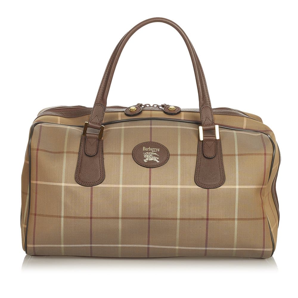 Pre-owned Burberry Plaid Canvas Boston Bag Brown