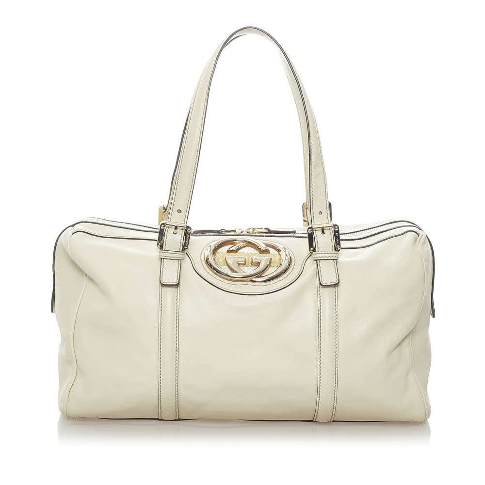 Pre-owned Gucci Britt Leather Boston Bag White