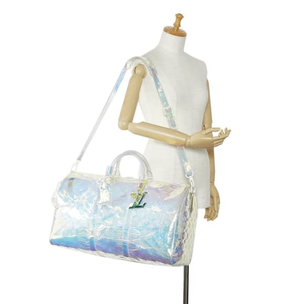 Pre-owned Louis Vuitton Monogram Prism Keepall Bandouliere 50 White