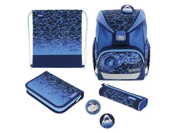 Herlitz UltraLight Plus Blue Shark, Pennal, Pencil pouch, Skolesekk, Sportsbag, Gutt, Barneskole, Ryggsekk, 16 l, Forlomme, Sidelomme