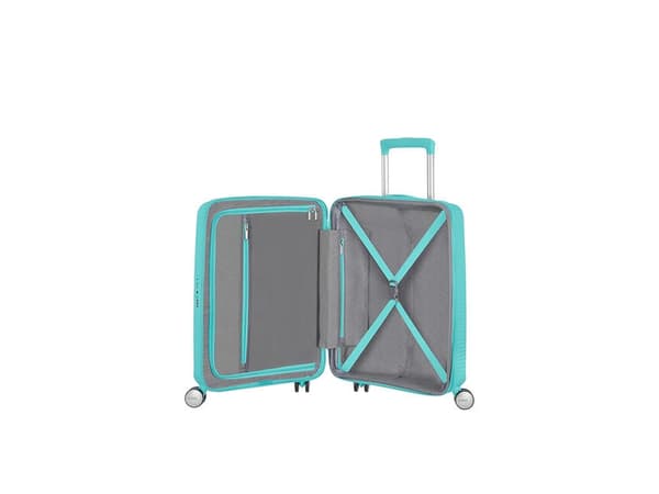 American Tourister Sounbox Spinner Expandable (4 wheels) 55cm, Vagn, Hårt skal, Blå, Poolside Blue, Liten, Polypropylen (PP)