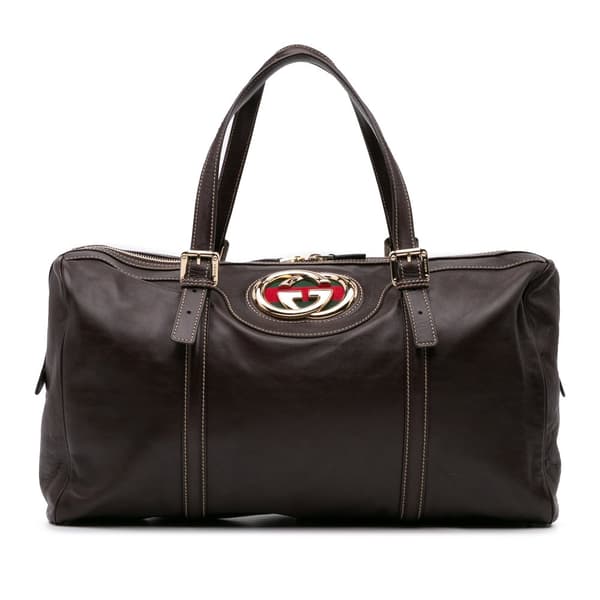 Pre-owned Gucci Leather Britt Web Travel Bag Brown