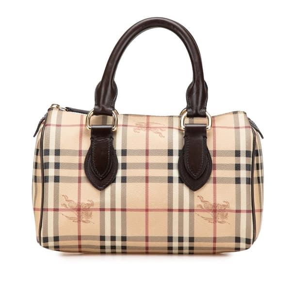 Pre-owned Burberry Small Haymarket Check Coated Canvas Chester Bowling Bag Brown