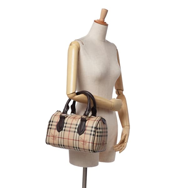 Pre-owned Burberry Small Haymarket Check Coated Canvas Chester Bowling Bag Brown