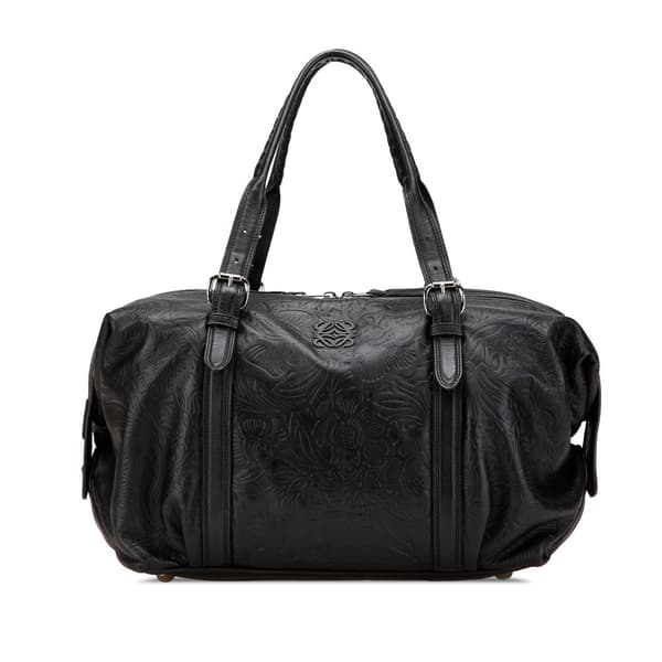 Pre-owned LOEWE Embossed Leather Canela Boston Bag Black