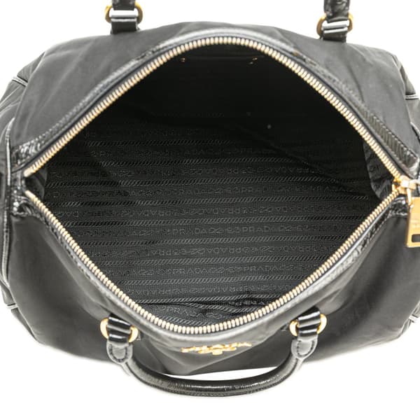 Pre-owned Prada Vernice Trimmed Tessuto Boston Bag Black